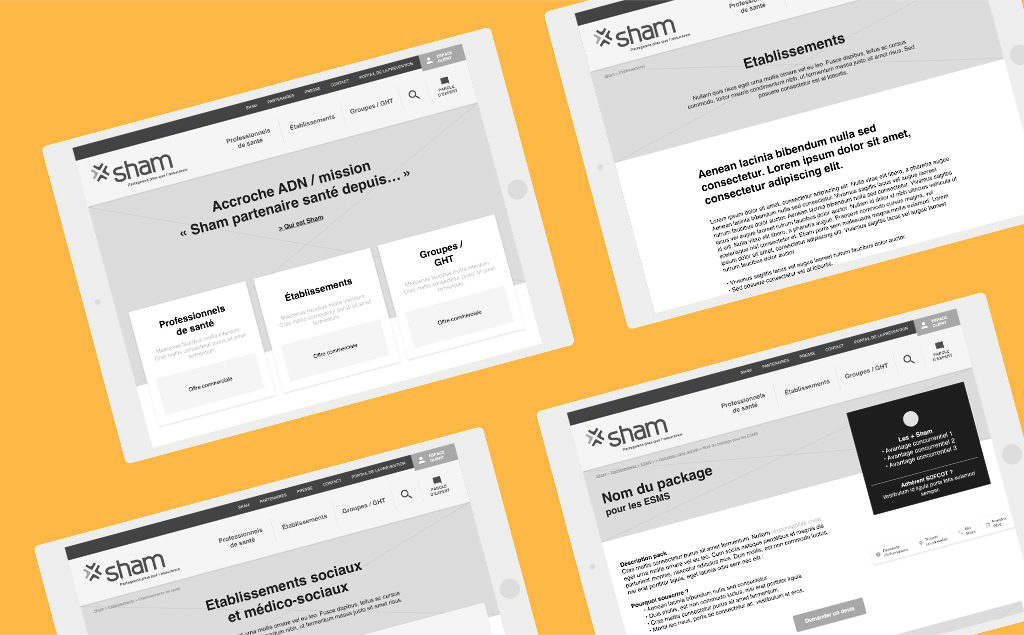 Wireframes réalisé pour le site web de Sham